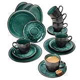 MamboCat Reactive Glaze Green 18tlg. Kaffeeservice I 6 Personen I Mintfarbenes handgefertigtes Geschirr-Set mit Kupfer-Optik I Je 6x Kaffeetasse, Untertasse & Kuchenteller I Steingut