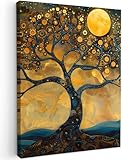 MuchoWow© Leinwand Bilder 50x70 cm Wanddeko Wohnzimmer Aesthetic Room Decor Deko Zimmer Wandbilder Modern Bild auf Leinwand Baum - Mond - Blumen - Gold - Kunst