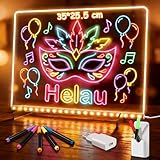 LED Notiztafel mit Farben, Leuchtendes LED Zeichenbrett für Kinder mit 13 Farben & 6 Modi mit Schalter 35x25 cm, inklusive Adapter, Aufhängekette&Ständer, Acryl Notiztafel kreatives Geschenk