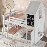 dowowdo Märchenhaftes Spielhaus-Etagenbett mit Tür & Tafel | Kinderbett 90x200 cm, Dach, Fenster, Schrägleiter, Weißes Spielbett, Lattenrosten, Kiefernholz