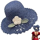 Sommer-Strohhut, Strohhut für Damen, faltbarer Strohhut, gehäkelte Blume, Sonnenschutz, tragbarer Strohhut mit Kordelzug, weicher Sonnenschutz für den Sommer, Blau (Marineblau), Einheitsgröße