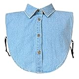 Falscher Kragen Hemd Damen – abnehmbare Jeansbluse mit Rüschen für Damen mit Hemdkragen, halber Gummizug an der Taille, Krawatte, Grau, Manschettenknopf, himmelblau, One size