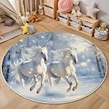 MLSOWM Kurzflor Runder Teppich 200cm Romantisches Weißes Pferd rutschfest Teppiche Winterwunderland Waschbar Runde Bettvorleger for Schlafzimmer Kinderzimmer, Hellblau