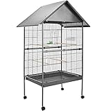 tectake® Vogelkäfig mit 4 Sitzstangen und Sandschublade, Vogelvoliere mit 2 Türen und Rollen, Spitzdach, 85 x 60 x 168 cm