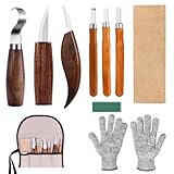 Holz Schnitzwerkzeug Set, 10 Stück Holzschnitzwerkzeuge, Holzschnitzhakenmesser, HolzSchnitzset Carving Kit, Inklusive Handschuhen, Detailmesser, für Anfänger Geeignet, Schnitzmesser Set zum Schnitzen