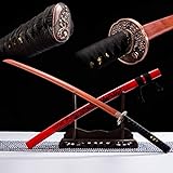 SAHROO Hand gefertigte Holz Katana mit massivem Holz bemalte Muster Scheide, 103cm natürliche Mahagoni Samurai Schwerter, Iaido Bokken für Kendo Training, Heim dekor, rot