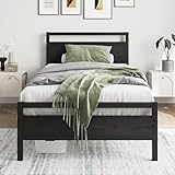 HOJINLINERO Bettrahmen aus Metall Holz,Einzelbett Bettgestell Metallbett 90x200 mit Lattenrost,Gästebett Jugendbett 90x200 mit Stauraum,Stauraumbett Bed Frame Schwarz