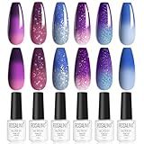 ROSALIND UV Nagellack, Thermo 6 Farben Blau Violett Rosa Glitter Rosa Farbwechsel Shellac Gel Nagellack Set Soak-Off UV Gel Nail Polish für Anfänger Nail Art Salon DIY