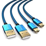PAXO 2 x 4m Ladekabel für PS3 Controller, USB auf Mini USB Kabel lang, geflochtene Kabel (braided), vergoldet, blau/schwarz