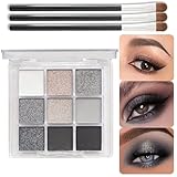 EONFAVE Smoky Lidschatten Palette - 9 Farben Schwarz Grau Weiß Lidschatten Weicher Matter Schimmer Eyeshadow Palette - Wasserdicht Hochpigmentiert Metall-Blitz Gothic Eyeshadow Mit 3 Bürsten