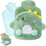 Wärmflasche Kinder,Dinosaurier Wärmflasche mit Handwärmerbezug,mit Bezug Flauschig,Abnehmbare und Waschbare,Geprüft und Frei Von Schadstoffen