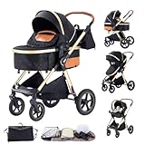 BEBBY Kinderwagen 3 in 1,Kinderwagen Buggy Mit Babyschale,Mit Höhenverstellbarer buggy Komplettset Faltbare tragbare,Buggys Mit Aluminiumrahmen für Neugeborene 0 bis 3 Jahre (Blackgold-8, H2)