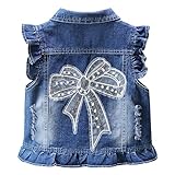 SXSHUN Weste Mädchen Jeansweste Kinder Jeans Jacke mit Erdbeer Muster Denim Jacket mit Krone Outdoor Kinderjacke Ärmellose Mantel Frühling und Herbst, Blau+Schmetterling, 98