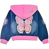 Peacolate Mädchen Jeansjacke Stickerei Pailletten Schmetterling Mäntel mit Reißverschluss und Kapuze Frühling Herbst Denim Oberbekleidung für 3-10Jahre Kinder(7-8Jahre)