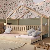Crazy Pine Hausbett mit Ausziehbett 140x200 cm – Kinderbett aus Naturholz mit Rausfallschutz – Montessori Bett mit Schublade mit Schlaffunktion und Abnehmbarer Barriere - Crazy House