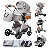 YAZOCO kinderwagen 3 in 1,Kombikinderwagen reisesysteme mit tragbar Wickeltasche Moskitonetz Regenschutz Fußsack, Zusammenklappen, Liegeposition Hohe Landschaft (4 Silbergrau)