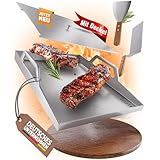Waldmeister® BruzzPlate - Plancha Grillplatte 30x20cm [mit Griffen, praktischem Deckel, 2 Grillspachteln], Feuerplatte Edelstahl für Gasgrill & Holzkohlegrill - perfektes Grillzubehör
