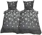 Leonado-Vicenti 4 TLG Winter Fleece Bettwäsche 135x200 Sterne Grau Anthrazit flauschig kuschelig mit Reißverschluss