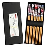 AMFUN 5 Paar Stäbchen Japanisch Chopsticks, Bambus Essstäbchen Wiederverwendbare, Essstäbchen Geschenkset, Essstäbchen Spülmaschinenfest