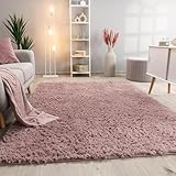 Paco Home Hochflor Teppich Wohnzimmer rutschfest Fellteppich Shaggy Flauschig Weich Modern Kunstfell Fell Imitat Einfarbig, Grösse:140x200 cm, Farbe:Alt-Rosa