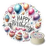 J&M DECO Tortenaufleger Happy Birthday – essbare Kuchendeko Ø 20 cm – bunte Tortendekoration für Geburtstagstorte – Zuckerpapier Tortenbild – gebrauchsfertig – Made in EU