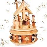 BRUBAKER Spieluhr aus Holz - Krippe mit Jesus, Maria und Josef - Melodie: Stille Nacht - 19 cm Musik Box Weihnachten - Spieldose Karussell mit Stern von Bethlehem und Sternsinger - Braun Natur