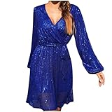 Damen Pailletten A-Line Kleid Einfarbig Glitzerkleid V-Ausschnitt Laternenhulse Wickelkleid Funkelndes Temperament Cocktailkleid Elegantes Minikleid für Cocktail Party Abend