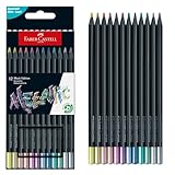 Faber-Castell 116415 - Bleistifte Set Black Edition Metallic, 12 Farbstifte, Malstifte für helles und dunkles Papier