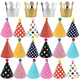 Ouceanwin 22Pcs Partyhüte Kindergeburtstag Set, Happy Birthday Partyhütchen mit Schnur, Krone Hut Kappe und Bunt Party Kegel Hüte mit Pom Poms für Geburtstag Festival Dekoration Foto Prop