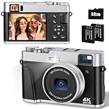 CAMKORY Digitalkamera 4K 48MP Fotokamera Autofokus 32G Karte Optischer Sucher Kamera Kompaktkamera Fotoapparat Digitalkamera Klein Einfache Bedienung 16X Zoom Blitz 2 Akku Anfänger Schwarz