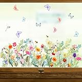 BETESSIN Fensterbilder Frühling Deko - 3 Bögen Blumen Fensterbilder mit Blüten und Schmetterlinge Motiv - Statisch Haftende Fensteraufkleber Selbstklebend - Blumig Fensterdeko für Frühling, Sommer