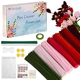 Vincona 420 Stück Pfeifenreiniger Blumen Set, Pfeifenputzer Blumen Zum Basteln （7 Farben）Inklusive 20 Blütenstiele, Band, Staubgefäße und Straußverpackung für Blumenstrauß DIY Großrot