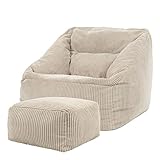 Icon Natalia Sitzsack Sessel mit Hocker für Erwachsene, Beige, Flauschiger Cord Stoff, Riesen Sitzsack Cord mit Füllung, Bean Bag Chair, Bequemer Sessel Wohnzimmer, Lounge, Schlafzimmer, Büro