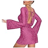 Pailletten Kleider Damen Klassische Einfarbig Cocktailkleid Langarm Tailliert Glitzerkleid Funkelndes Rückenfrei A-Line Kleid Temperament Abendkleid Urban Style Freizeitkleid