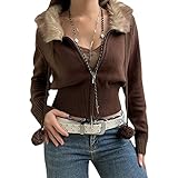 Yassiglia Strickjacke Damen Elegant Strickpullover mit Kapuze Kurze Sweatjacke Zip Up Hoodie Y2K Cropped Pullover für Teenager Mädchen (Kaffee, M)