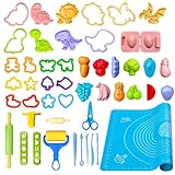 VAIYNWOM Knete Zubehör, 47 PCS Knete Werkzeug Plastilin Werkzeuge Schere Teigrolle, Formen zur Herstellung von Tieren, Dinosauriern Obst und Gemüse, mit Knetmatte Aufbewahrungstasche