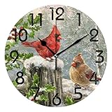 ZzWwR Winter Cardinals Holly Red Berries Runde Wanduhr, 24,1 cm, batteriebetrieben, Quarz, analog, leise Schreibtischuhr für Zuhause, Büro, Schule