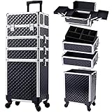 Kosmetikkoffer Trolley 4 in 1 Groß Make Up Koffer Kosmetik Trolley Friseurkoffer Schminkkoffer mit Rollen Nagelkoffer Beauty Case Nagedesign Koffer Werkzugkoffer Multikoffer , Schwarz