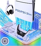 ALEEMTRY PS5 Ständer Zubehör für PS5 Slim Neu, PS5 Standfuß mit 3-Stufig Lüfter PS5 Kühler/RGB Licht/15 Spiele Aufbewahrung, PlayStation 5 Standfuß für PS5 Slim Disc & Digital Konsole Weiß