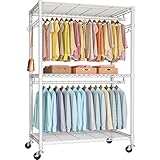 FUTASSI P1 Plus Roll-Kleiderständer, 22 mm Durchmesser, robuster Kleiderständer mit Rollen, tragbarer Schrank mit Doppelstangen, 114,3 cm B x 45 cm T x 204,5 cm H, maximale Traglast 237,7 kg, Weiß