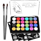 RIOGOO Face Paint Kit für Kinder, 24 große Farben auf Wasserbasis, 32 Schablonen, 2 Pinsel, professionelle Gesichts- und Körperfarbe, ungiftiger und hypoallergener Safe, Gesichtsbemalung für Halloween