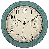 Foxtop Wasserdicht Lautlos Wanduhr mit Thermometer und Hygrometer, 30cm Outdoor Retro Gartenuhr Wanduhr, Ohne Tickgeräusche Gartenuhr Wetterfest Outdoor für Badezimmer Garten Küche Verandas