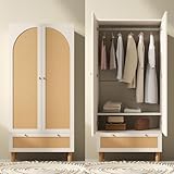 Kebnor Kleiderschrank Garderobenschrank mit 2 Türen & Rattan, Landhausstil Weiß mit großer Schublade, höhenverstellbaren Regalen & Kleiderstange, Inkl. Kippsicherung, 180x85x52 cm (H/B/T)