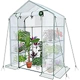 VOUNOT Gewächshaus Foliengewächshaus, begehbares Gartenhäuschen mit 4 Regalebenen, Tomatenhaus Tomatengewächshaus, Weiß 143x73x195cm