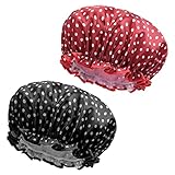 URAQT Duschhaube, 2 Stück Wasserdichte Duschhauben Damen, große Elastische Shower Cap, Wiederverwendbare Duschkappe für Mädchen Frauen Kosmetik Zuhause Hotel Reisen (Punktmuster)