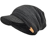 Herren Dame Dick Vlies Gefütterte Strickmützen Stricken Slouch Mütze Mit Visier (Grau/Schwarz)
