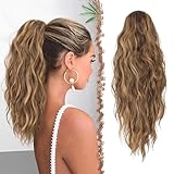 FESHFEN Pferdeschwanz Haarteil mit Kordelzug, 45 cm Wellen Zopf Pferdeschwanz Verlängerung Goldbraun Mix Blond Haare Extension Synthetik Lang Wellig Haarverlängerung Ponytail für Damen Frauen