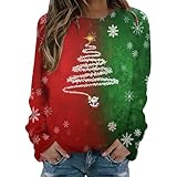WKAYsIV Reitjacke Damen Winter Casual Rot und Grün Mischfarbe Schneeflocke Weihnachtsdruck Rundhals Langarm Hoodie Top Bunte Pullover Damen(Rot,M)