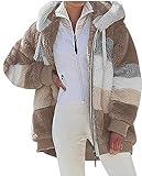 Livonmone Fleecejacke Hoodie Damen Kapuzenpullover Teddy-Fleece Warm Herbst Wintermantel Stilvoller ReißVerschluss Fellmantel PlüSchjacke Mit Taschen (Braun, M)