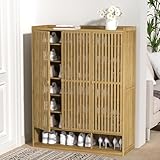 Schuhschrank aus natürlichem Bambus mit 3 Türen, stilvoller Eingang, hohles Boden-Design für effiziente Aufbewahrung von Schuhen, umweltfreundliches Schuhregal.
